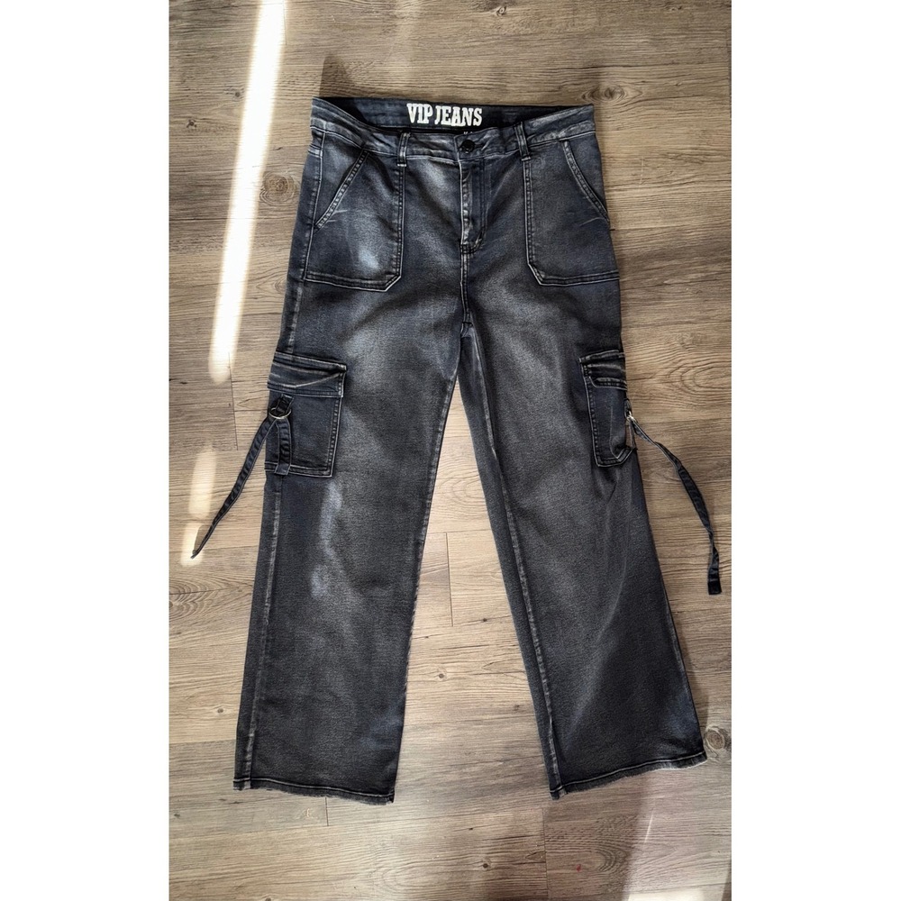 VIP Jeans Womens Wide Leg Cargo Pants Faded Black High Rise Strappy Size 15/32